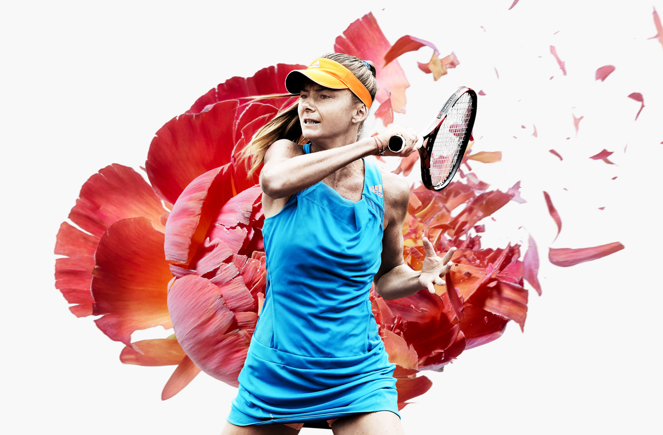 Woman hitting tennis ball on background of a destroyed flower