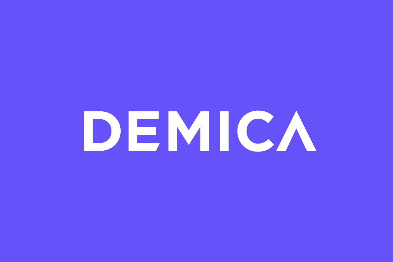 White Demica logo on purple background