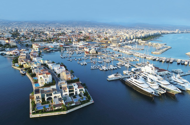 Birdseye view of a marina and properties